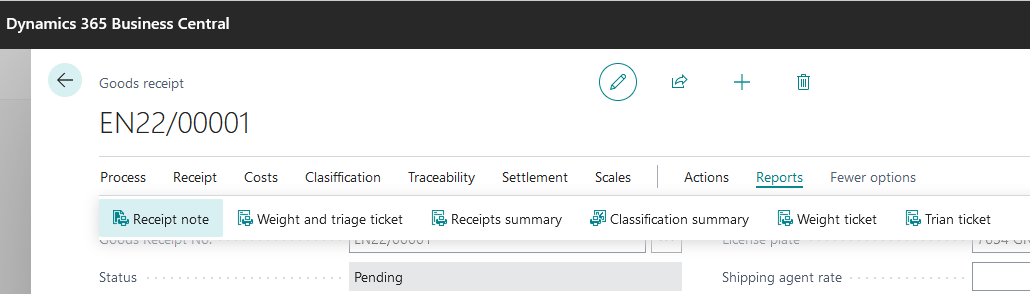 Goods receipt reports action bar