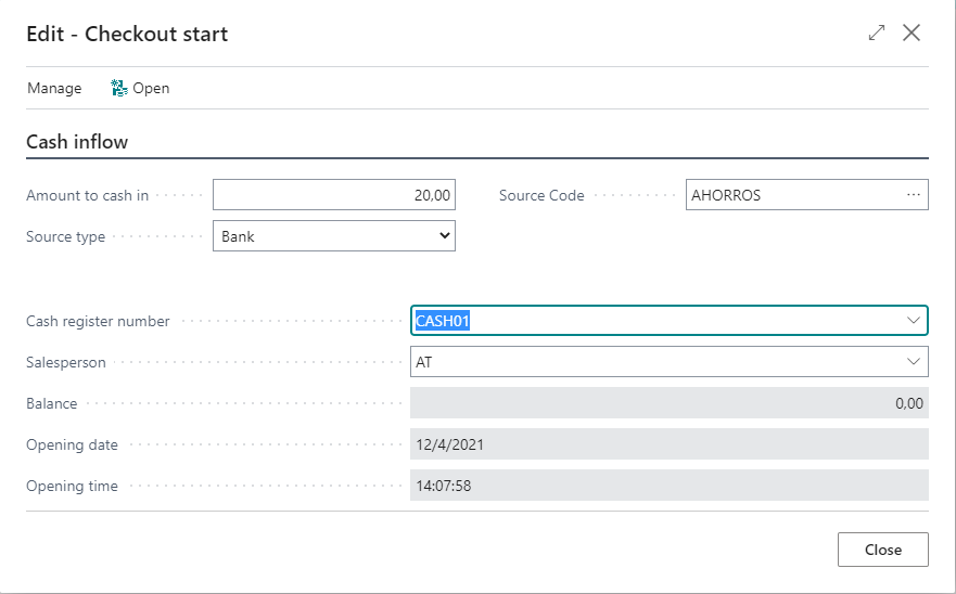 Open cash register page
