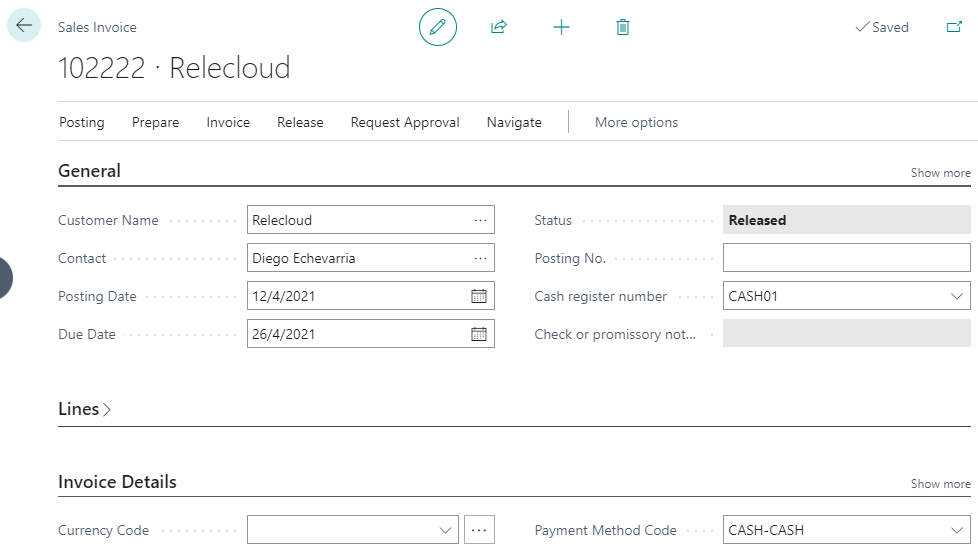 Cash number at sales invoice