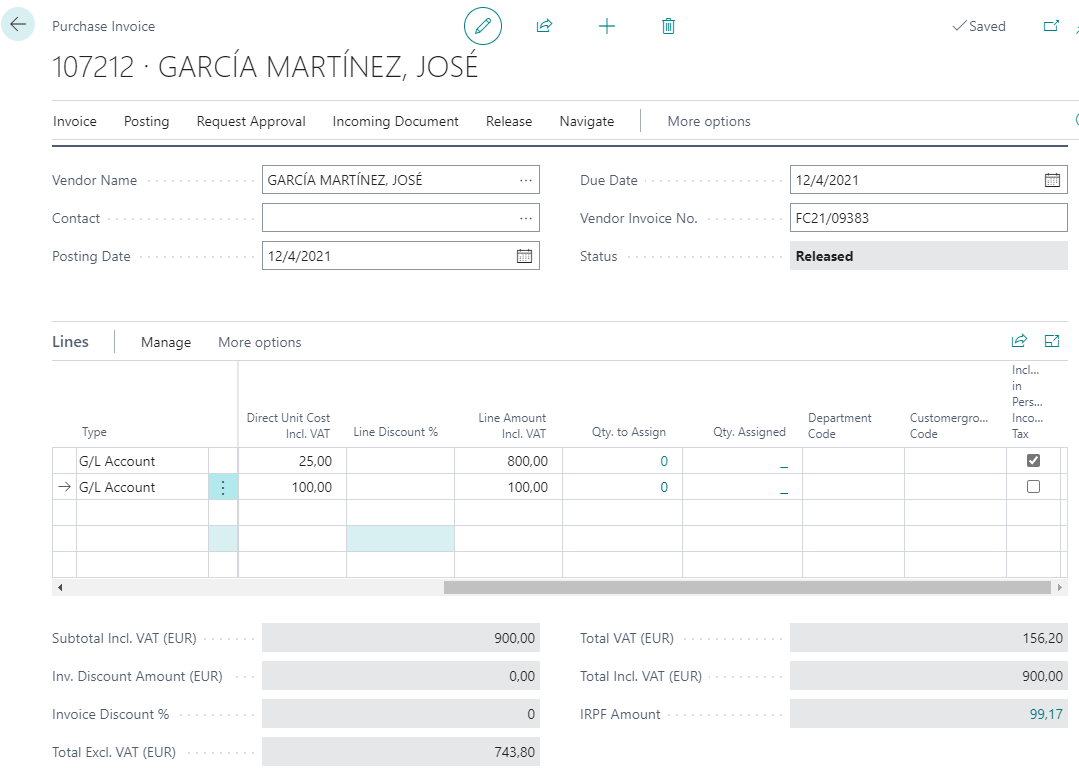 Purchase invoice with withholding